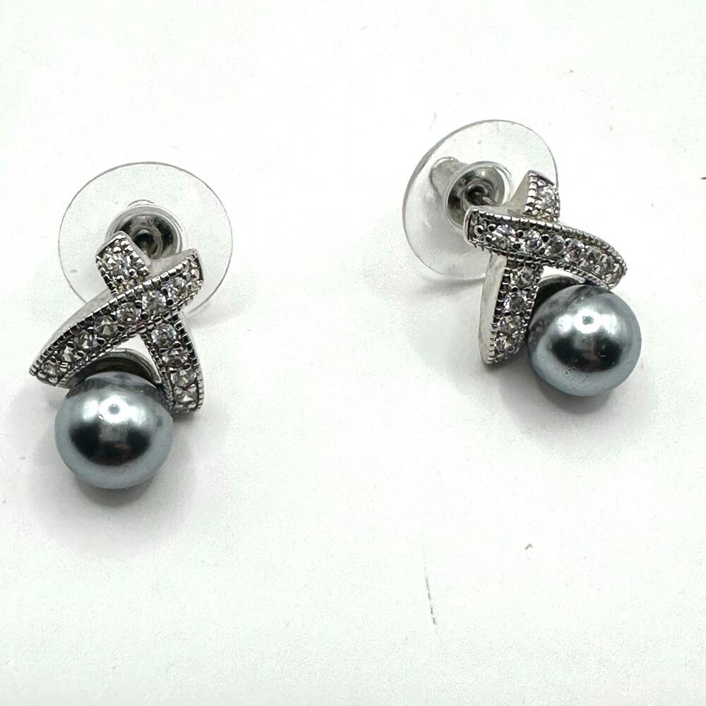 Faux Black Pearl Stud Earring XO CZ fashion jewelry Bridal Formal Evening
